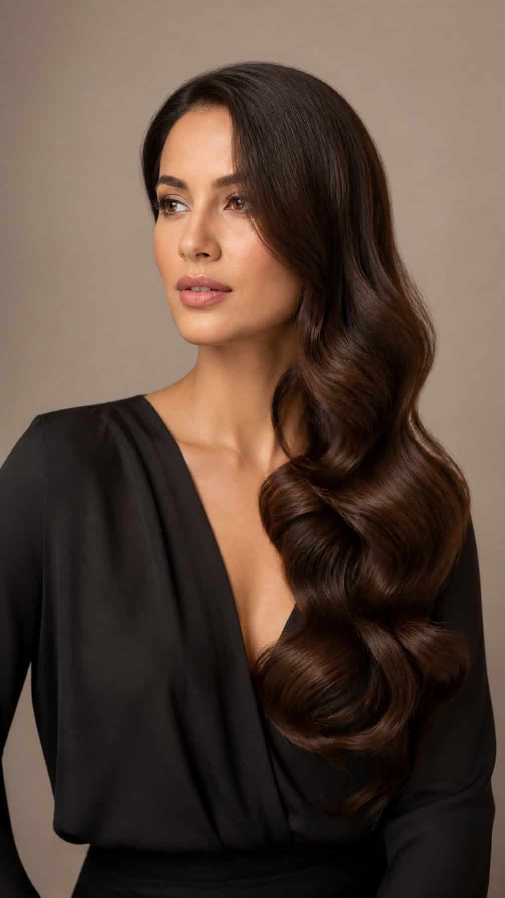 Woman with long hair styled in smooth, glamorous waves over one shoulder.