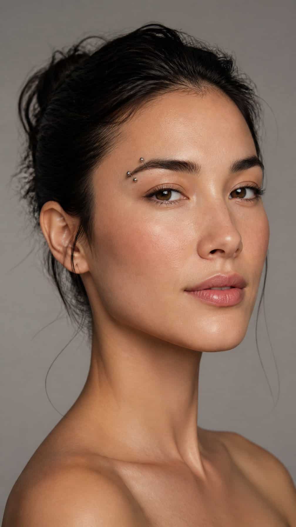 Adult model with a horizontal eyebrow piercing shown in close-up.