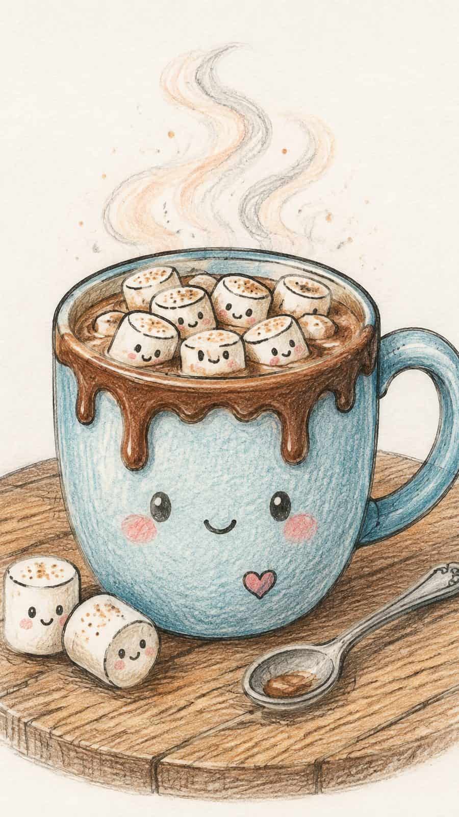 A hand-drawn artwork of hot chocolate with marshmallows.