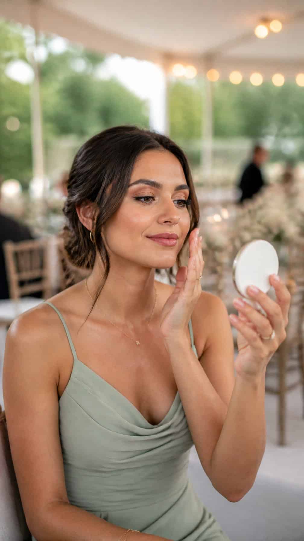 Bridesmaid in an outdoor reception setting wearing polished makeup and a sage-green gown.