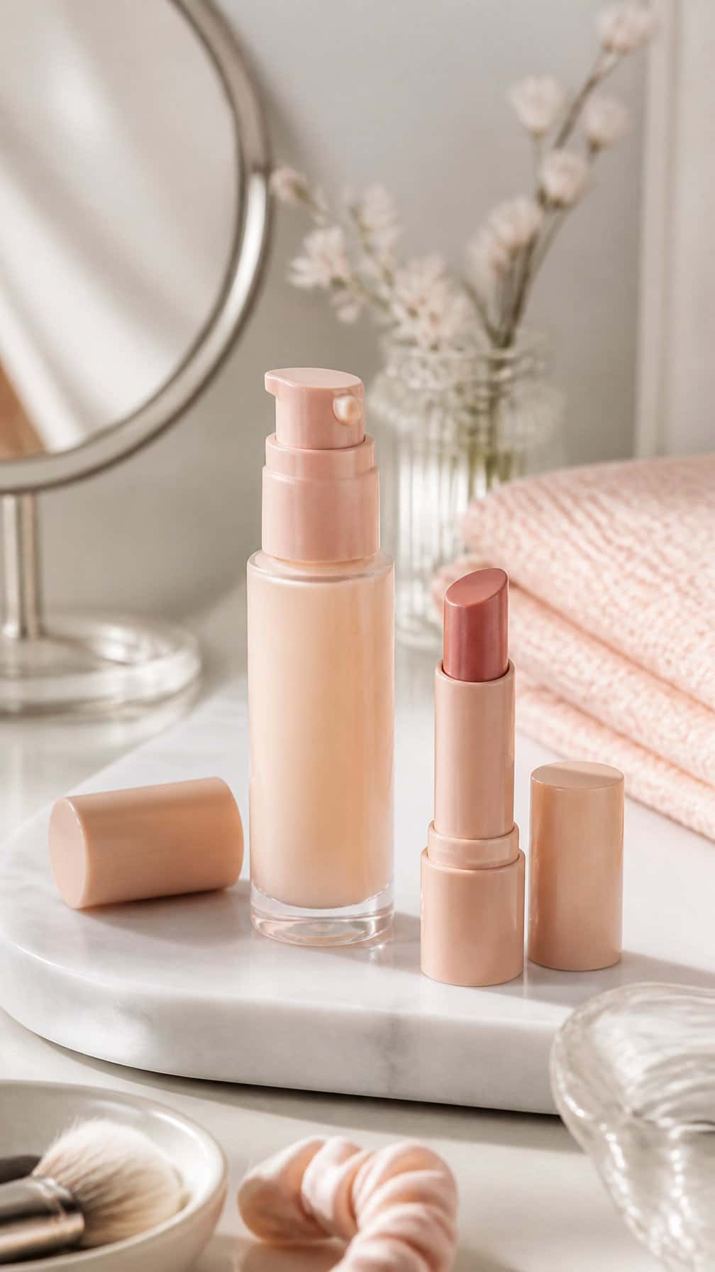 Primer and tinted lip balm arranged on a softly lit vanity.