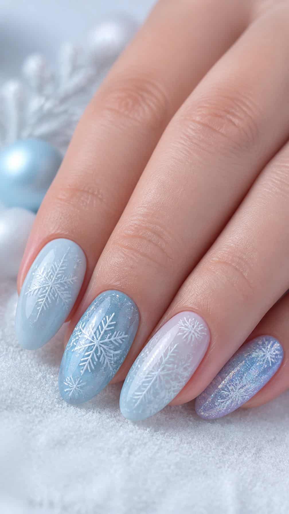 A hand with glossy icy blue nails decorated with delicate white snowflakes.
