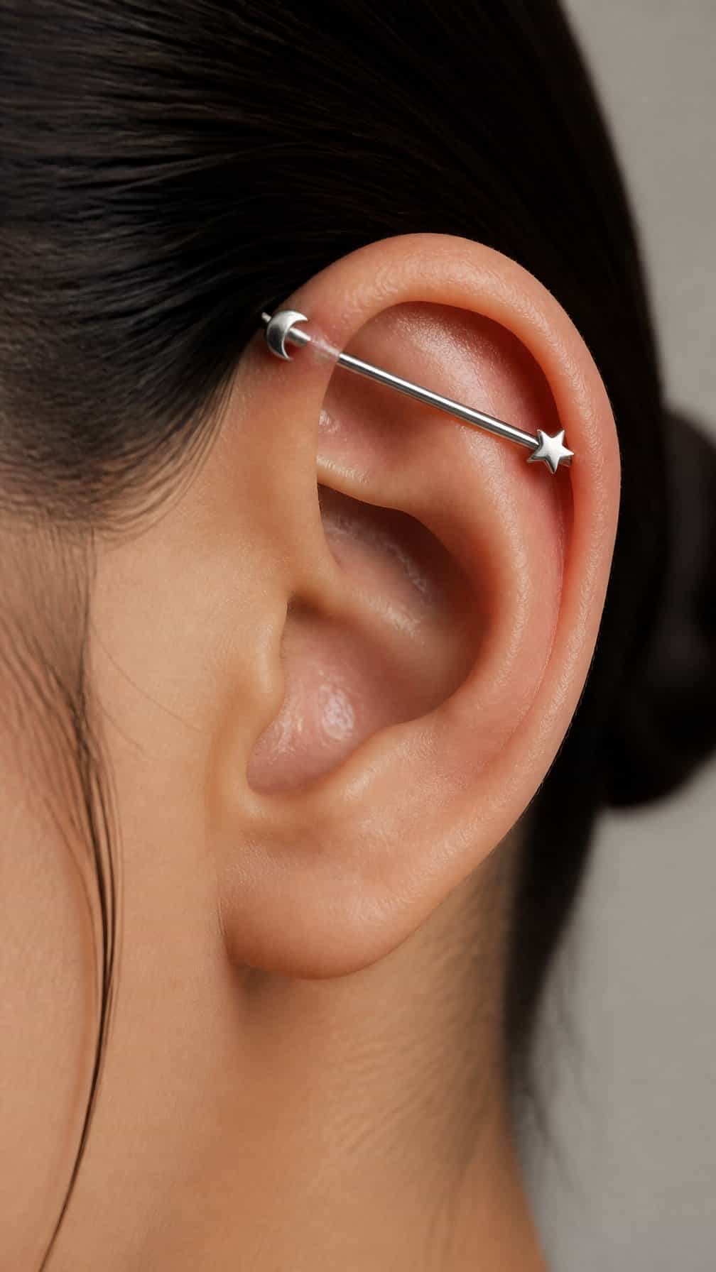 Close-up of an ear wearing a straight industrial barbell with small crescent moon and star charms.