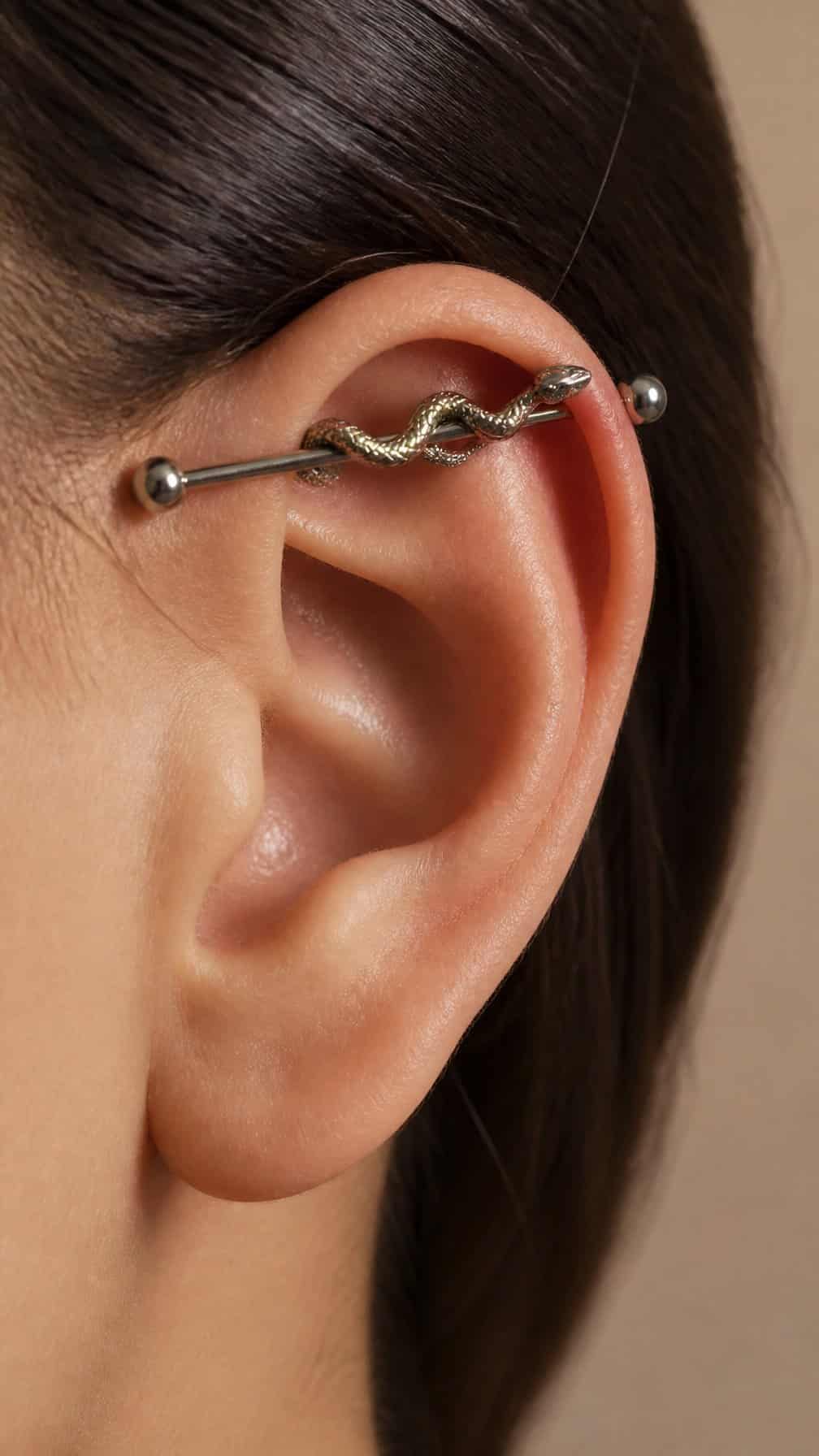Close-up of an ear wearing a snake-designed industrial barbell piercing.