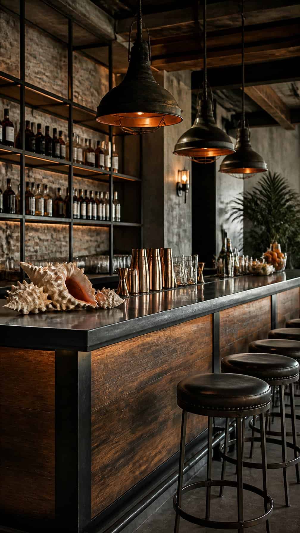 An industrial-style bar with dark metal finishes, warm wood accents, glassware, and conch shell decorations.