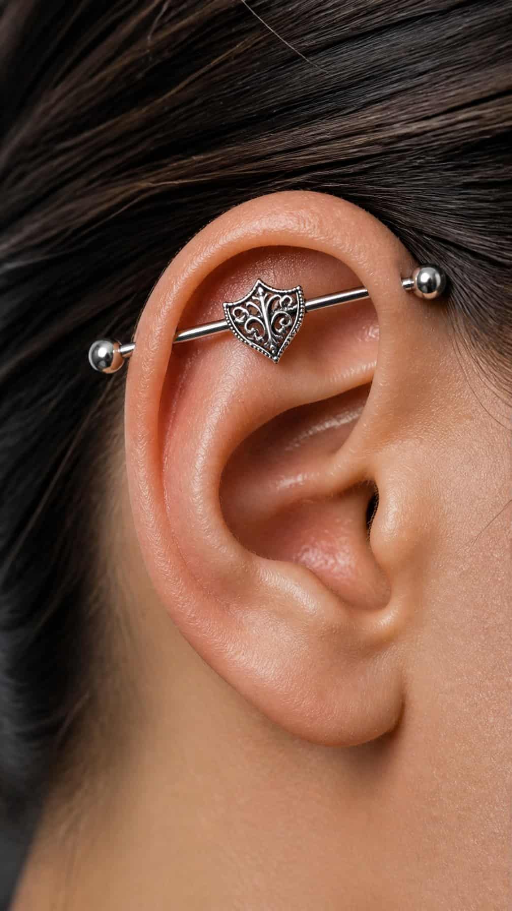 Close-up of an upper ear with a decorative shield-style industrial piercing.