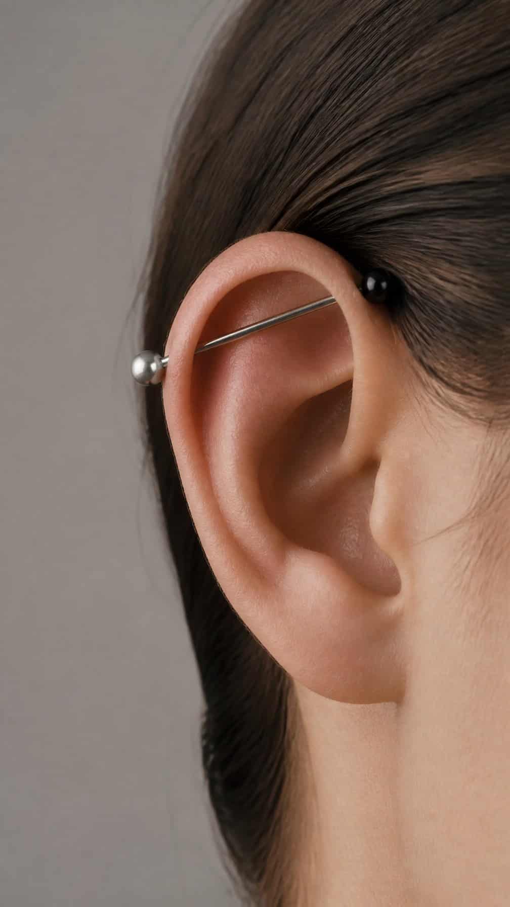 Close-up of an ear with an industrial piercing featuring different decorative ends.