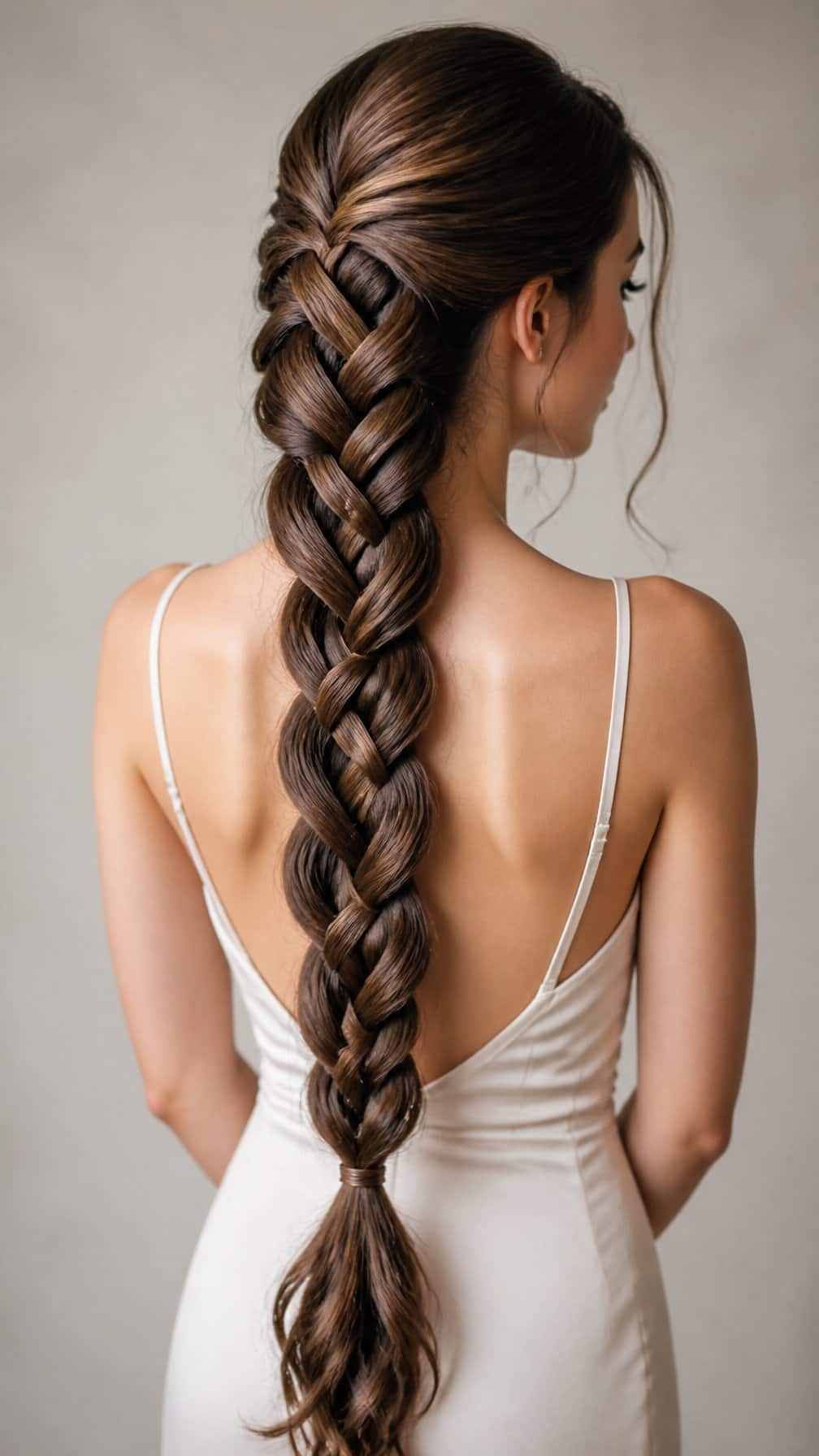 A woman with long hair styled in an intricate infinity braid, viewed from behind.