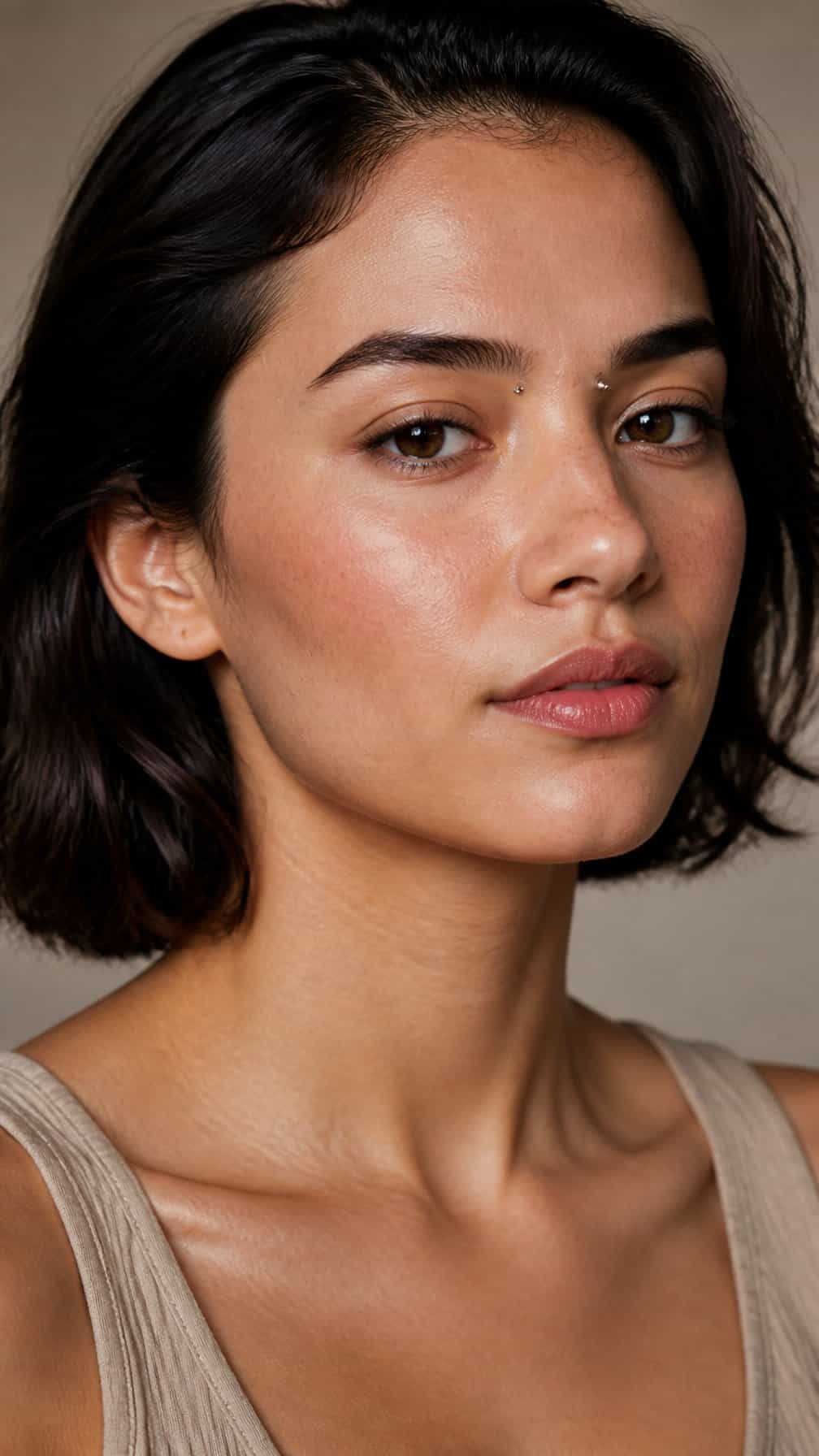 Close-up portrait of a person with a small inner eyebrow piercing and wide-set facial features.