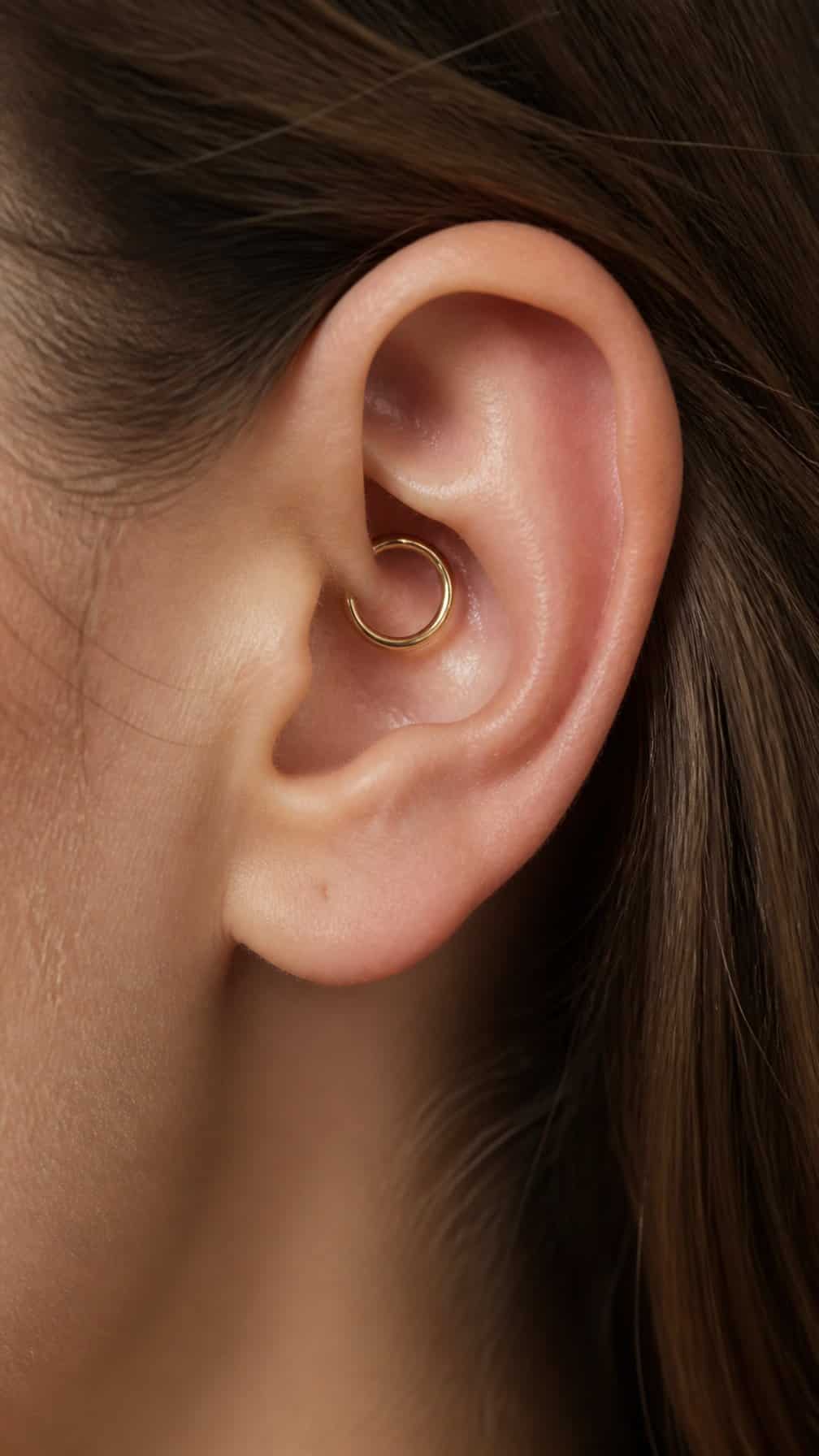 Close-up of an ear featuring a small clicker hoop ring in the inner conch.