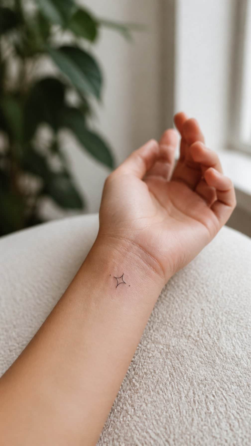 Close-up of a hand with a small minimalist tattoo on the inner wrist.