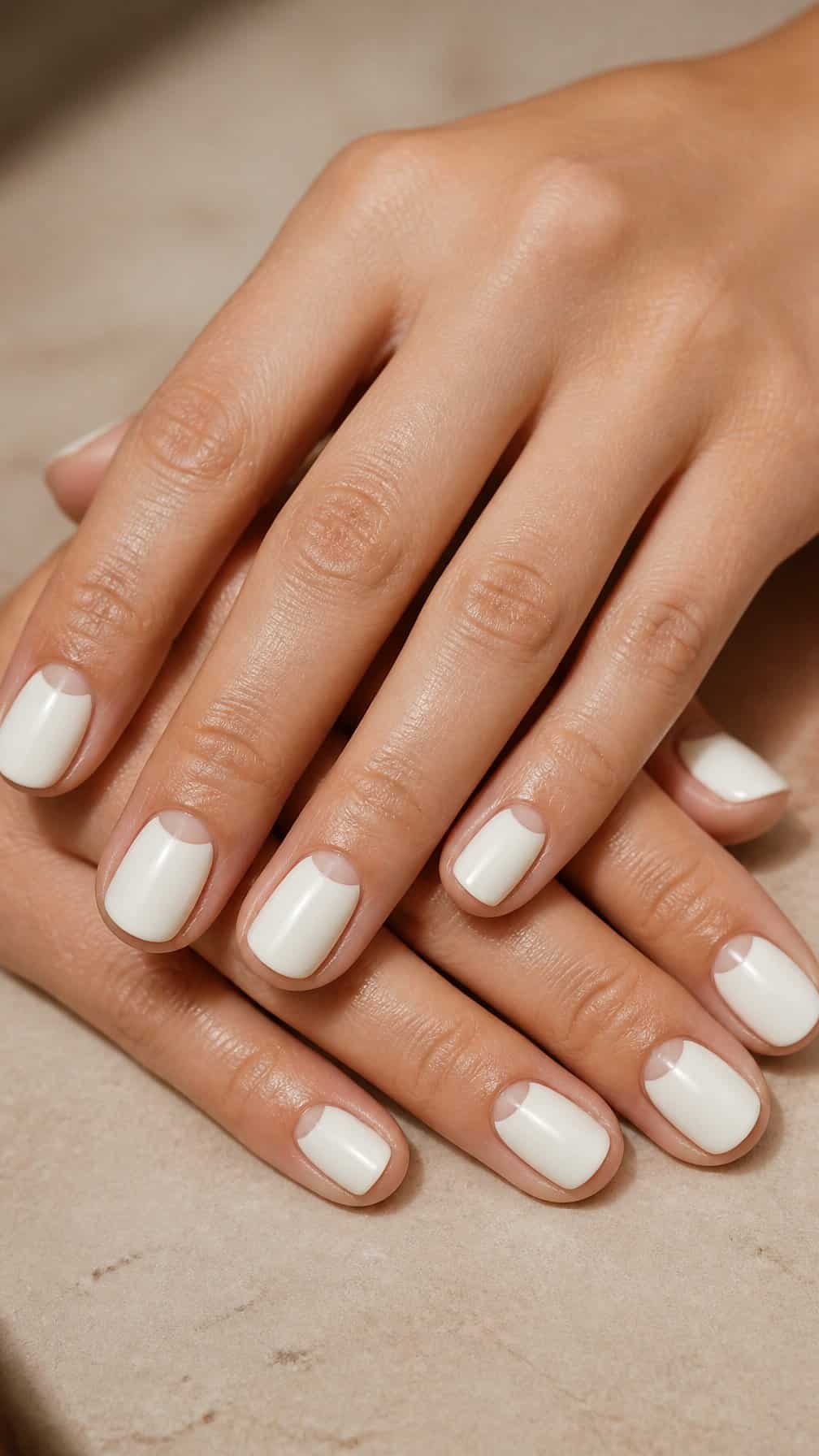 A hand with short ivory half-moon manicured nails resting on a neutral surface.