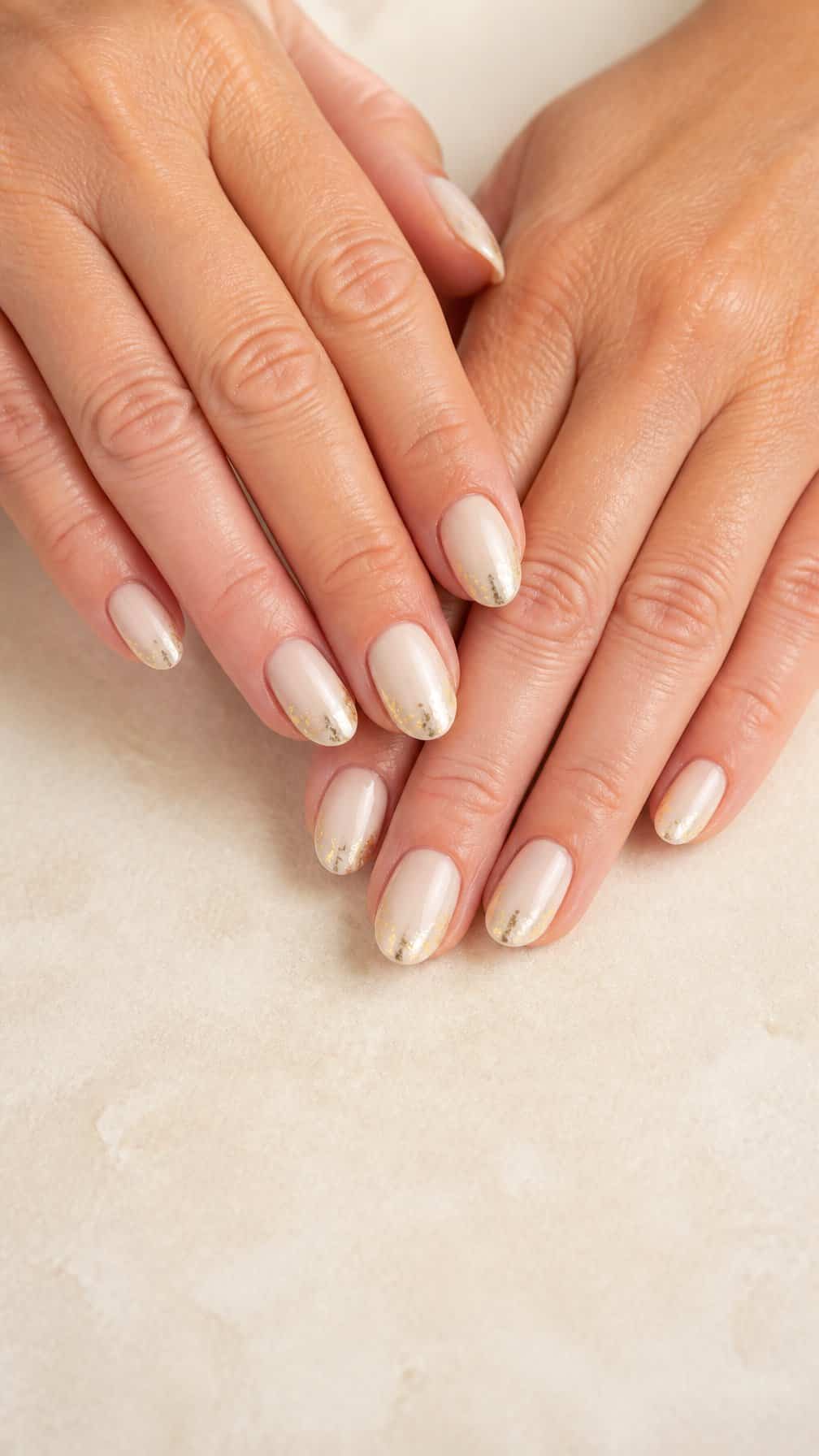 Mature woman’s hands with ivory nails decorated with delicate gold foil accents.