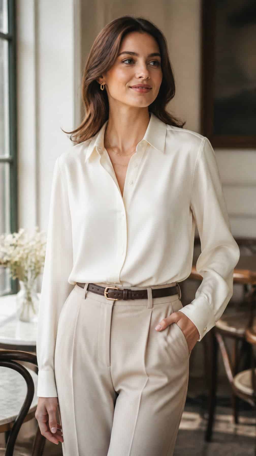A woman wearing an ivory blouse in a softly lit elegant interior.
