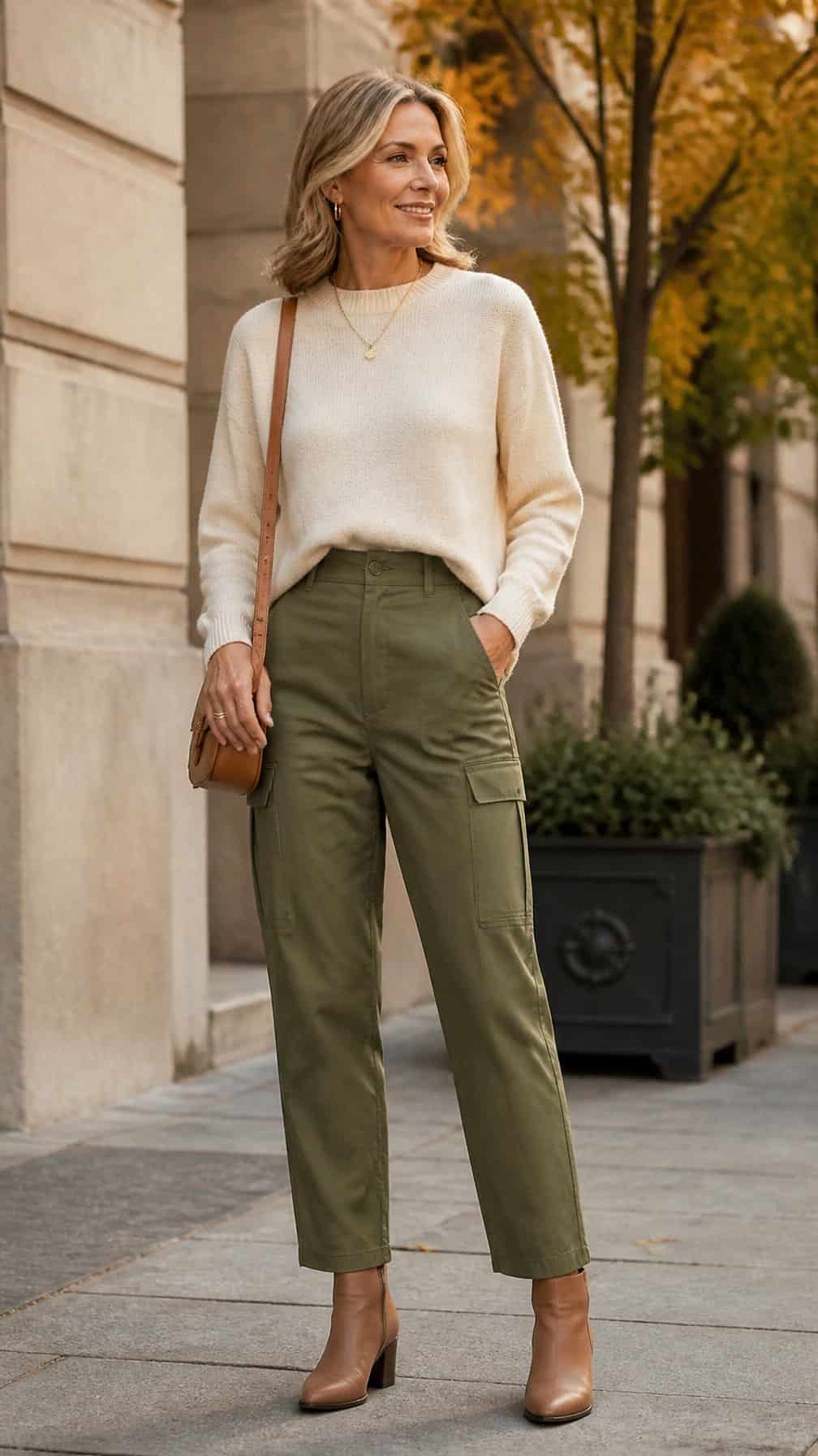 A mature woman wearing an ivory sweater and olive utility pants stands outdoors among autumn foliage.