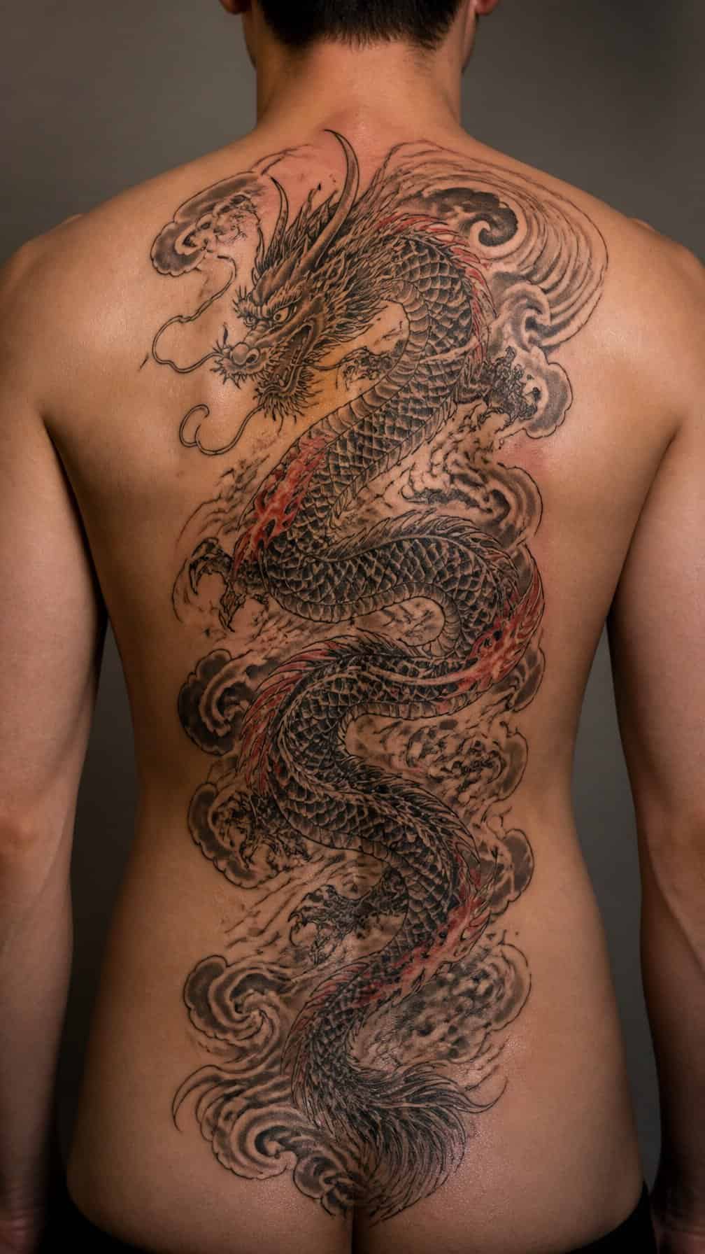 A person’s back with a detailed Japanese dragon tattoo extending vertically along the spine.