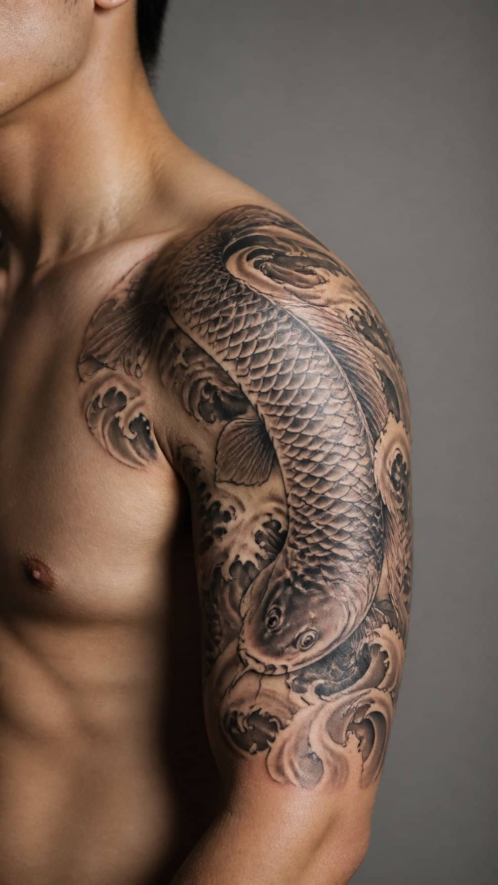 A close-up of an adult shoulder and upper arm featuring a Japanese koi fish tattoo wrapped around the shoulder.