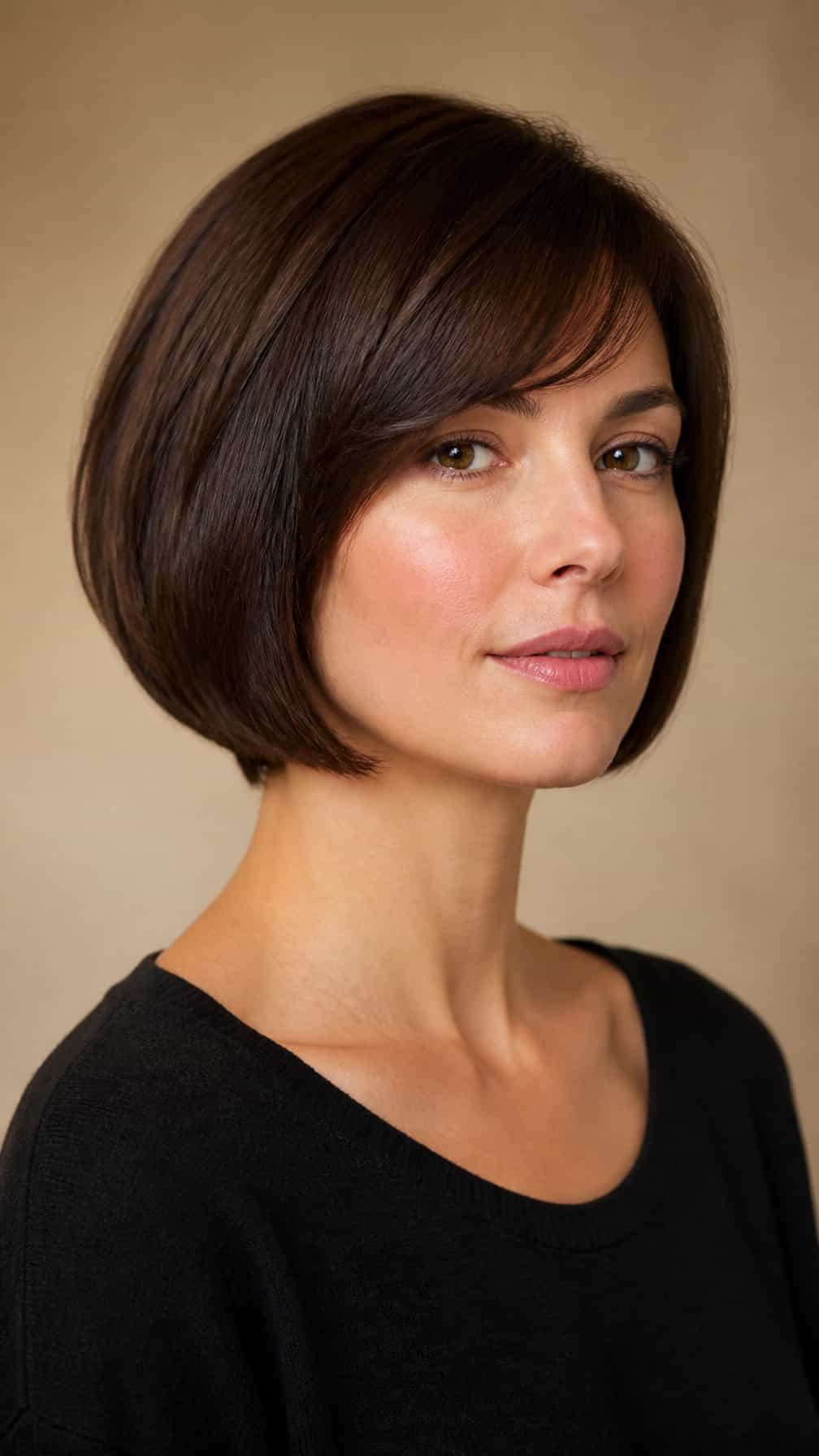 Woman with a jaw-length bob haircut and side-swept bangs posing against a neutral background.