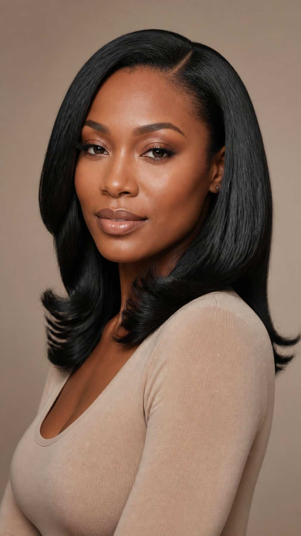 A woman with sleek dark hair poses against a neutral background.