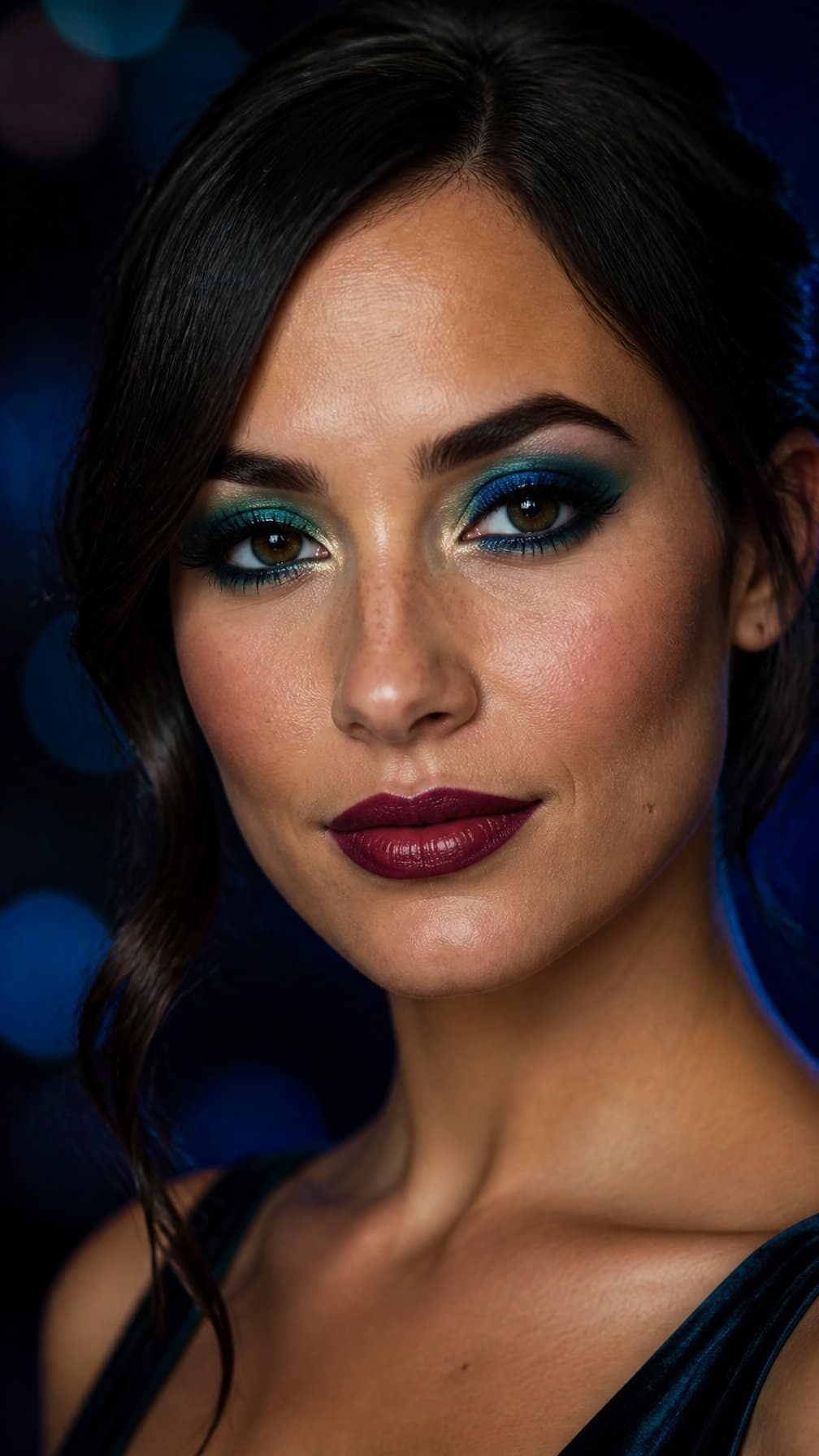 A woman wearing vivid blue and green eye makeup with berry lipstick against a dark background.