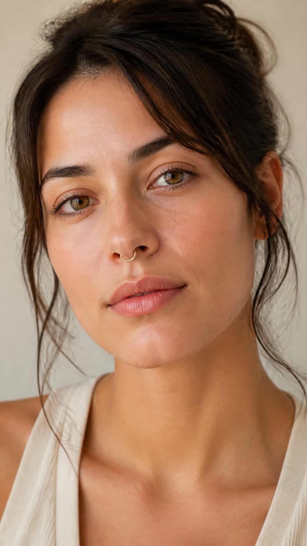 Close-up portrait of an adult wearing a simple septum ring.