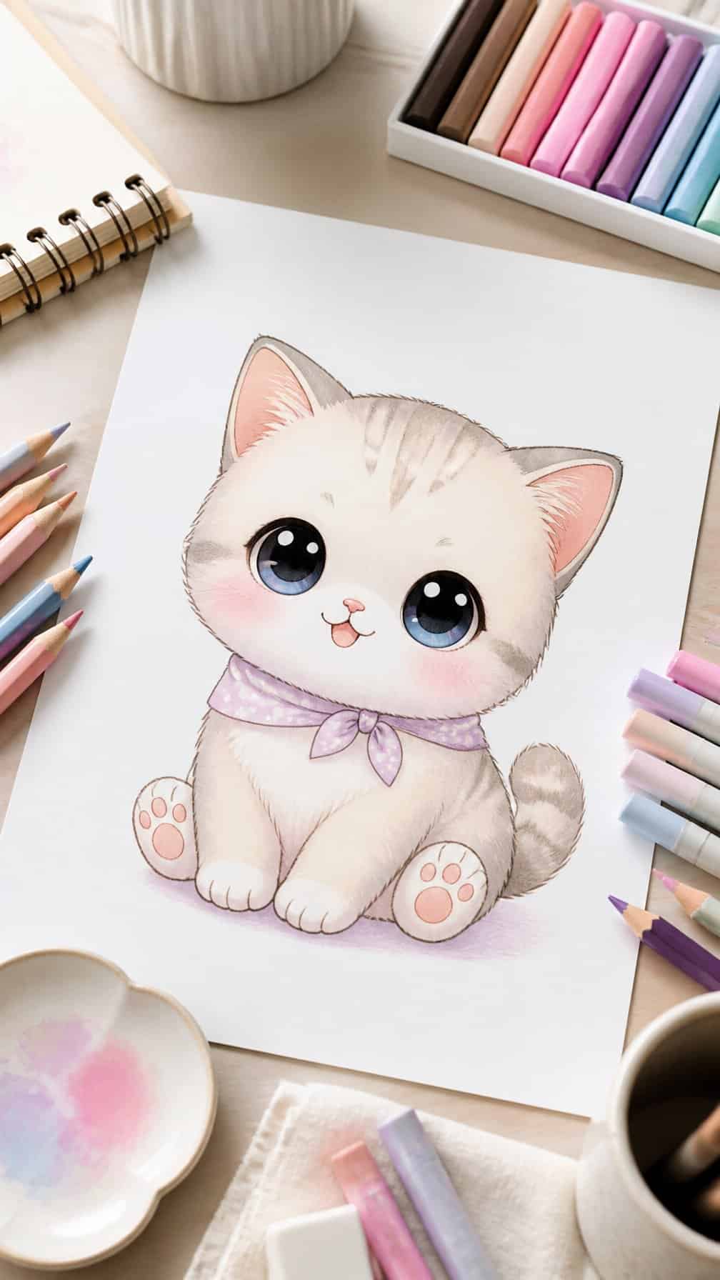 A cute cat drawing with very large eyes on a sheet of paper beside colorful art supplies.