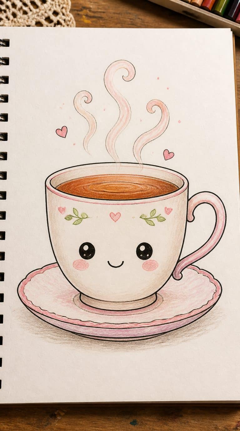 A hand-drawn artwork of kawaii cup of tea.