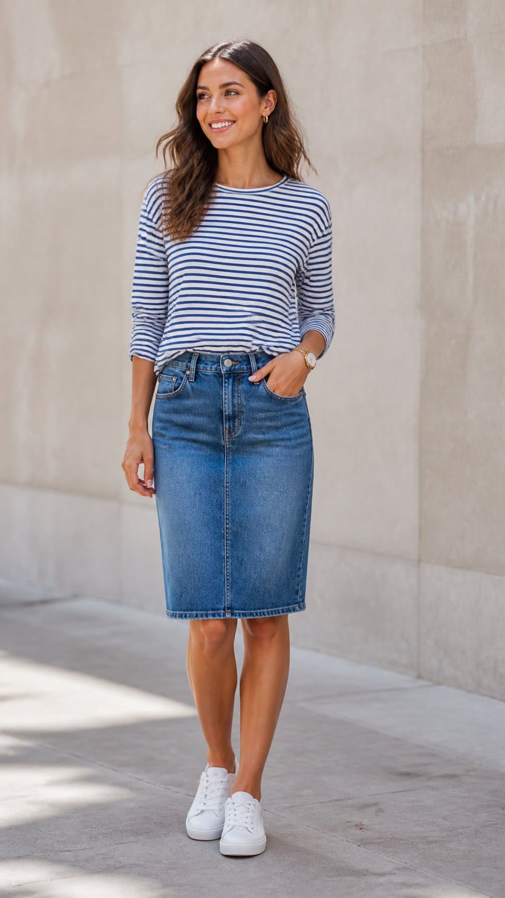 A woman wearing a knee-length denim skirt, striped shirt, and white sneakers stands outdoors.