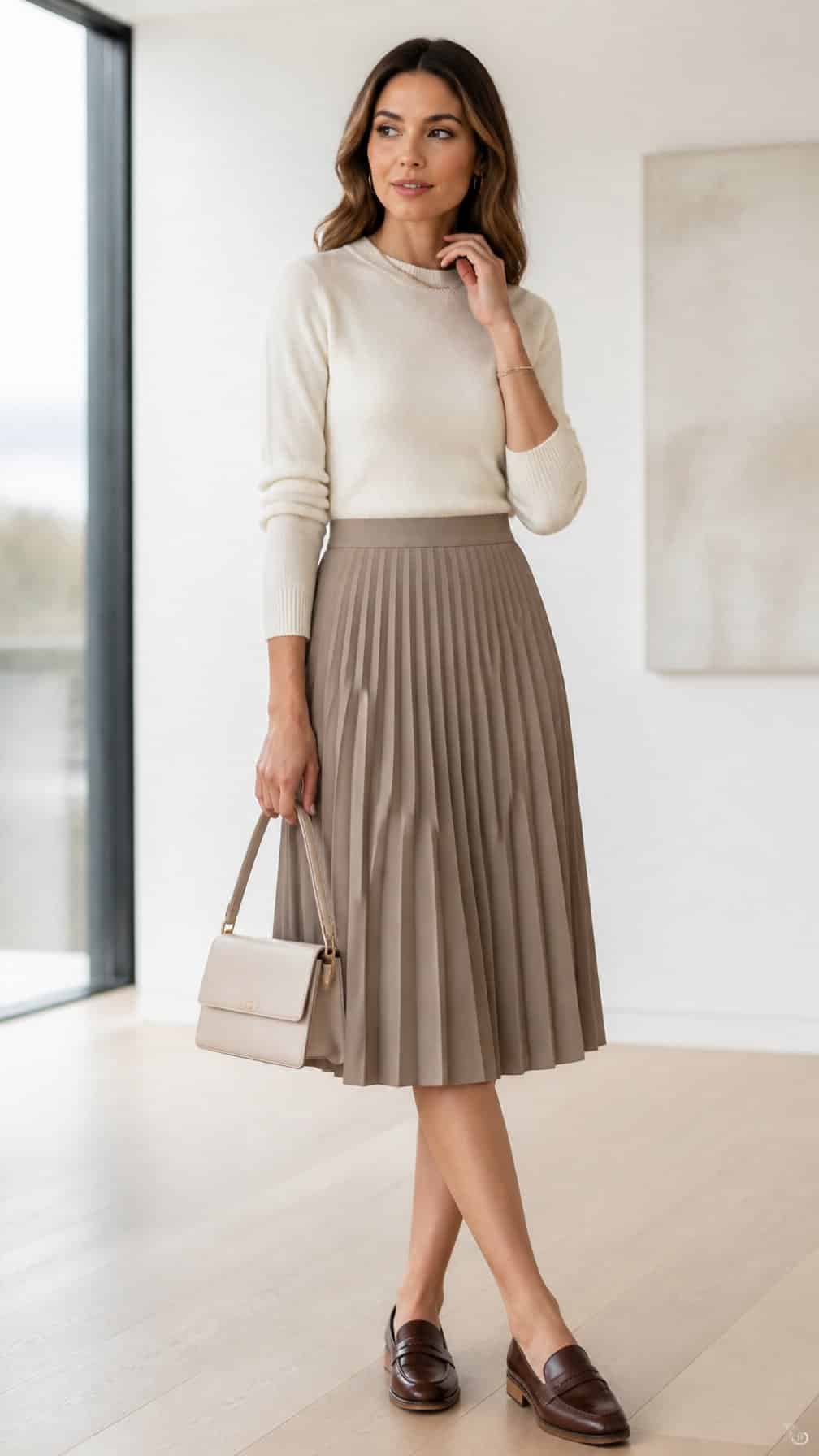 A woman wears a knee-length pleated skirt, fitted sweater, and loafers in a bright modern interior.