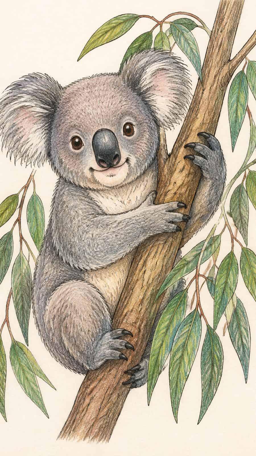 A hand-drawn artwork of koala hugging a eucalyptus branch.