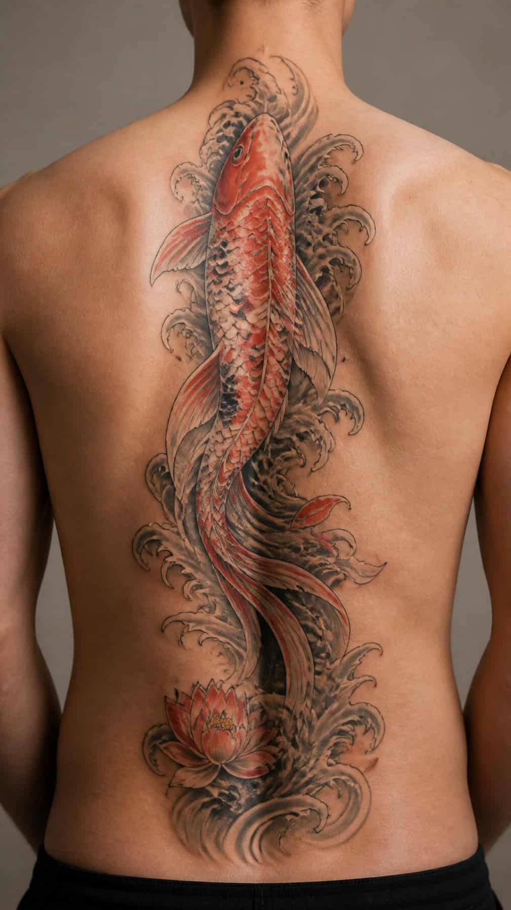 A person’s back featuring a koi fish tattoo running vertically along the spine.