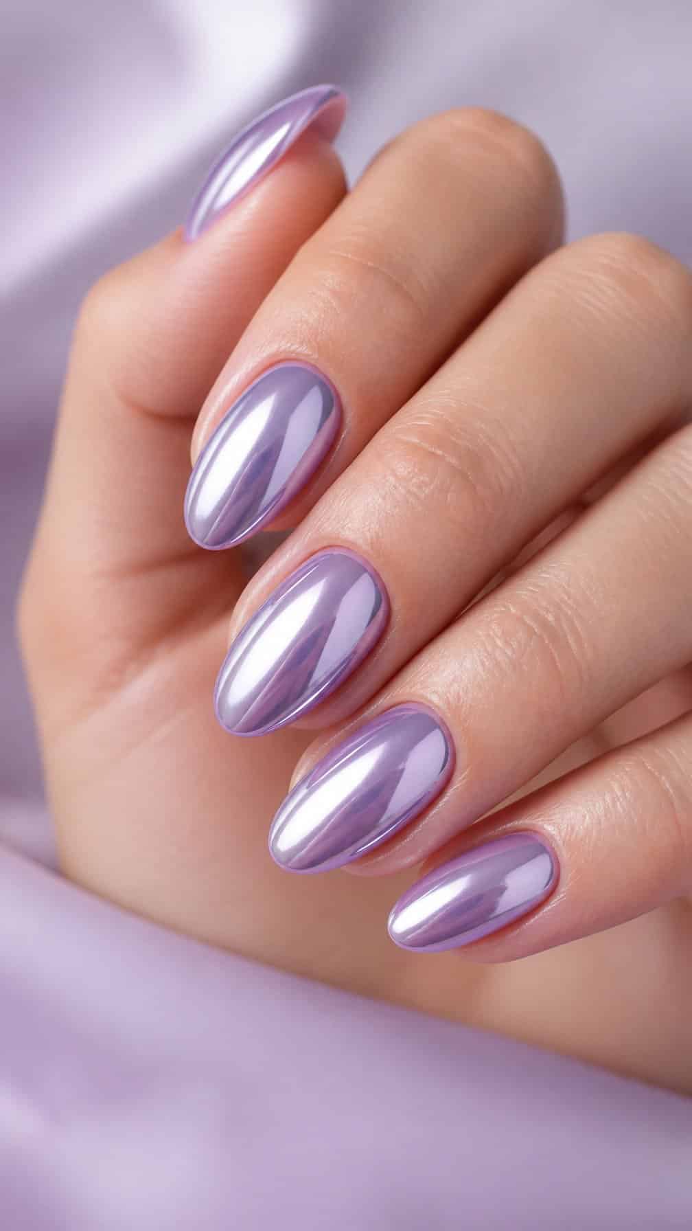 A hand with glossy lavender chrome almond-shaped nails.
