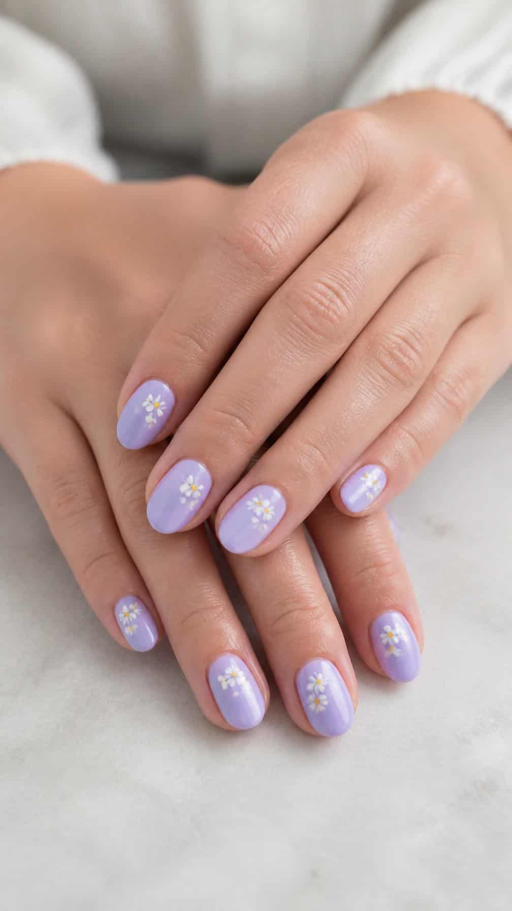 Hands with lavender manicured nails decorated with tiny white flowers.