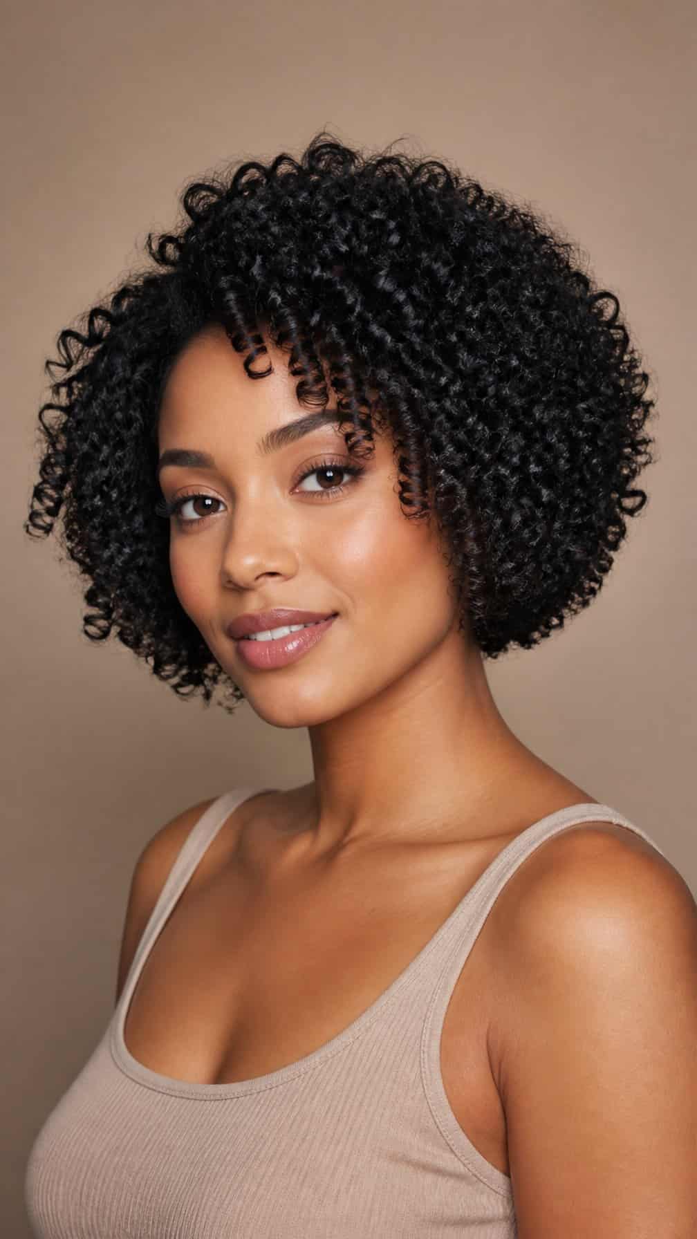 A woman with a layered curly bob poses against a plain background.