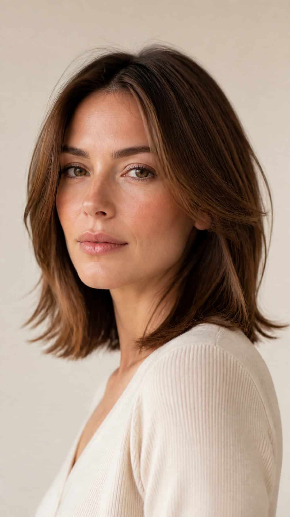 Woman with a shoulder-length layered lob haircut posing against a light background.