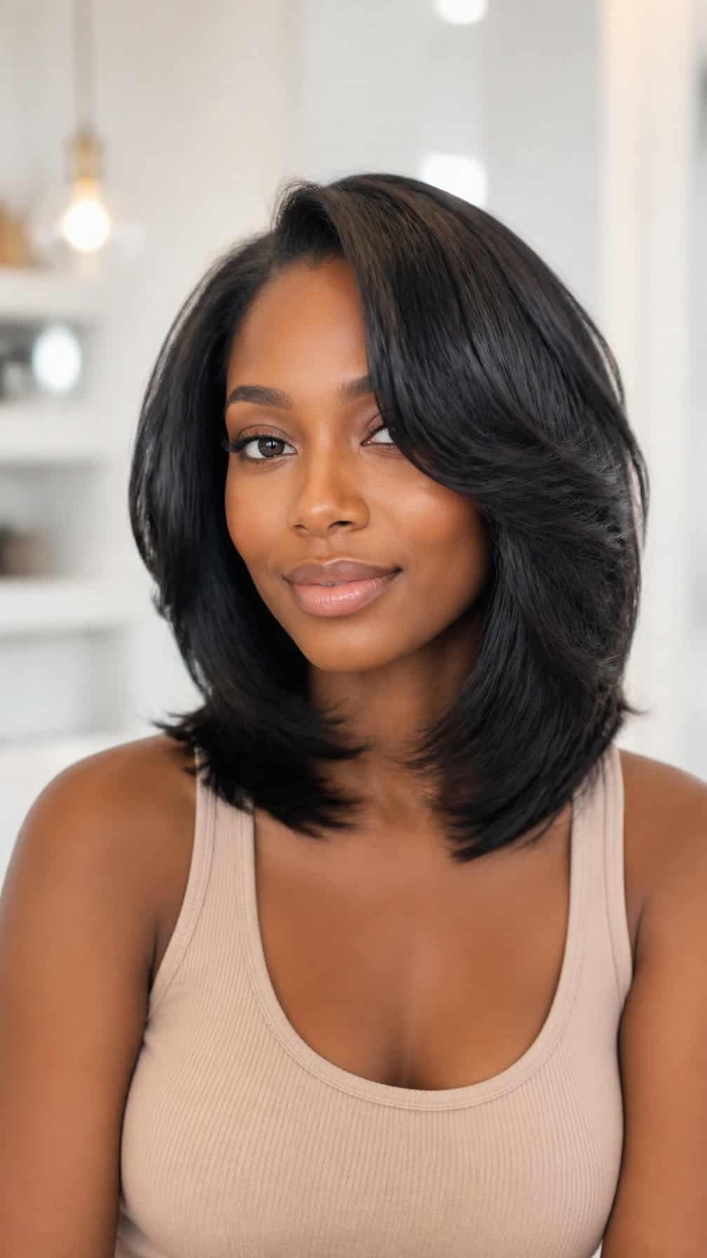 A woman poses in a softly lit salon with shoulder-length hair and a calm expression.