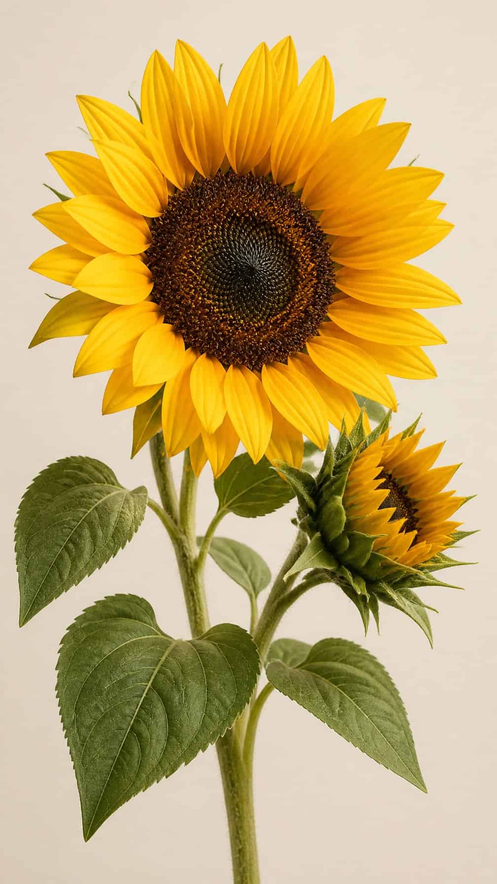 A detailed layered sunflower with overlapping yellow petals, a textured center, and veined green leaves.