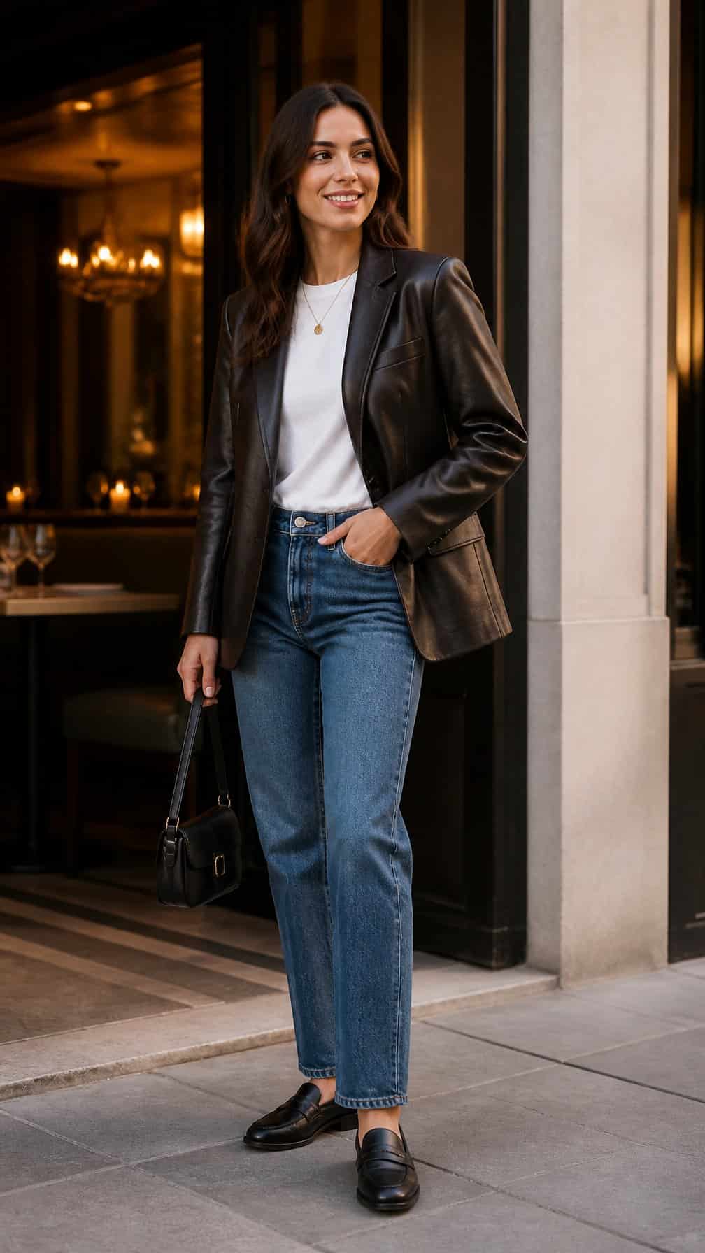 A woman in a leather blazer, white T-shirt, straight-leg jeans, and loafers stands outside a city restaurant.