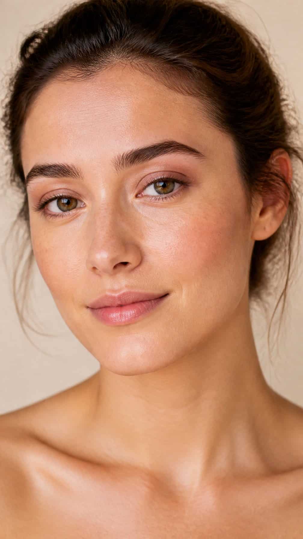 Woman wearing light foundation and soft taupe eyeshadow.