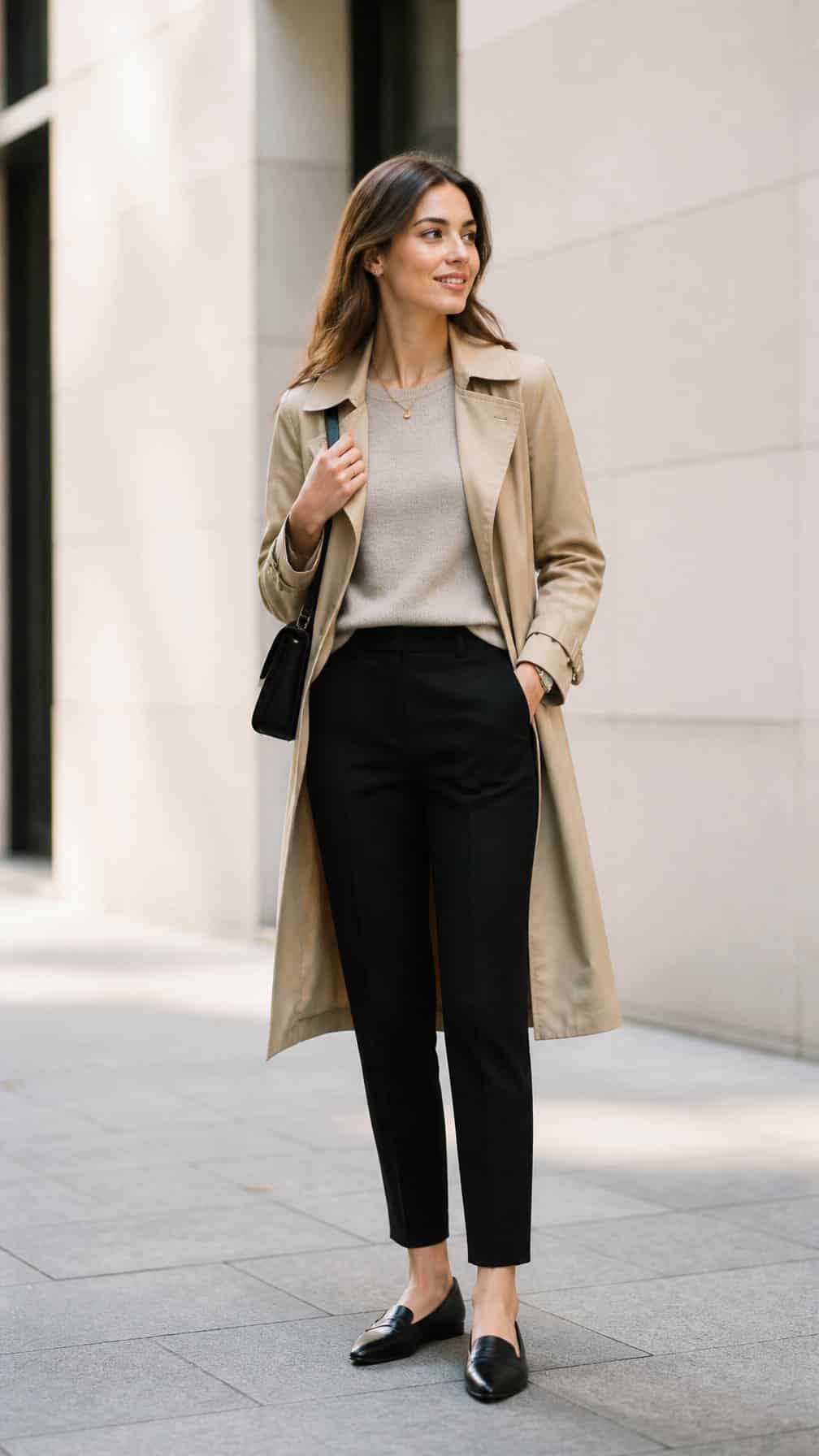 A woman wears a beige trench coat, knit top, and black cigarette pants on a city street.