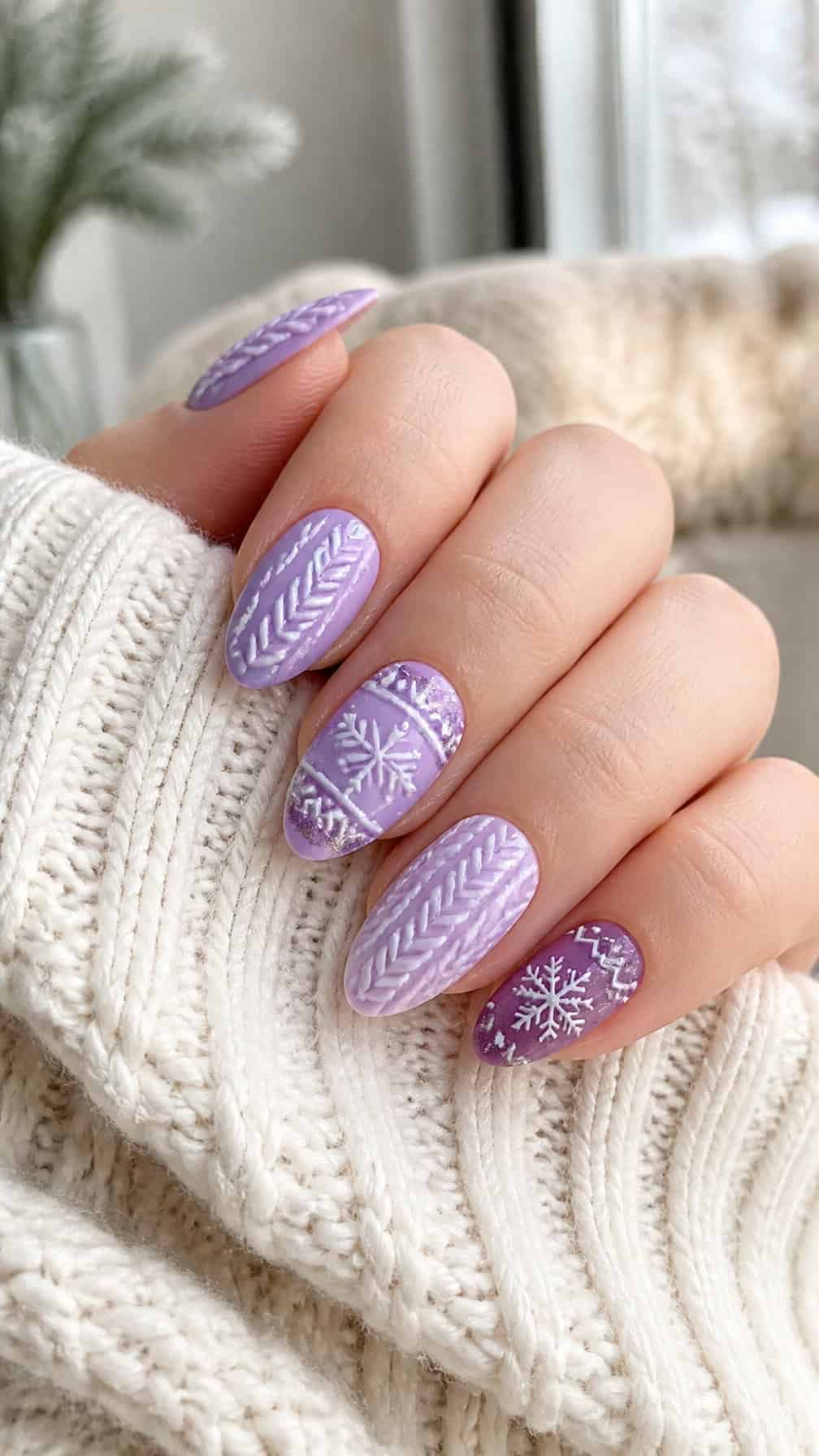 Close-up of a hand with lilac and lavender Christmas sweater-patterned nail art resting on a cream knitted sweater.