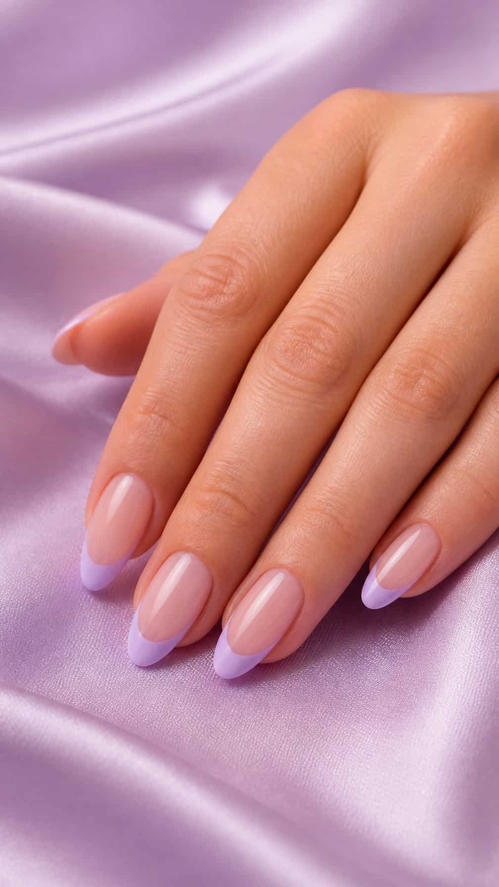 A hand with neat lilac French tip nails resting on a pale lavender surface.