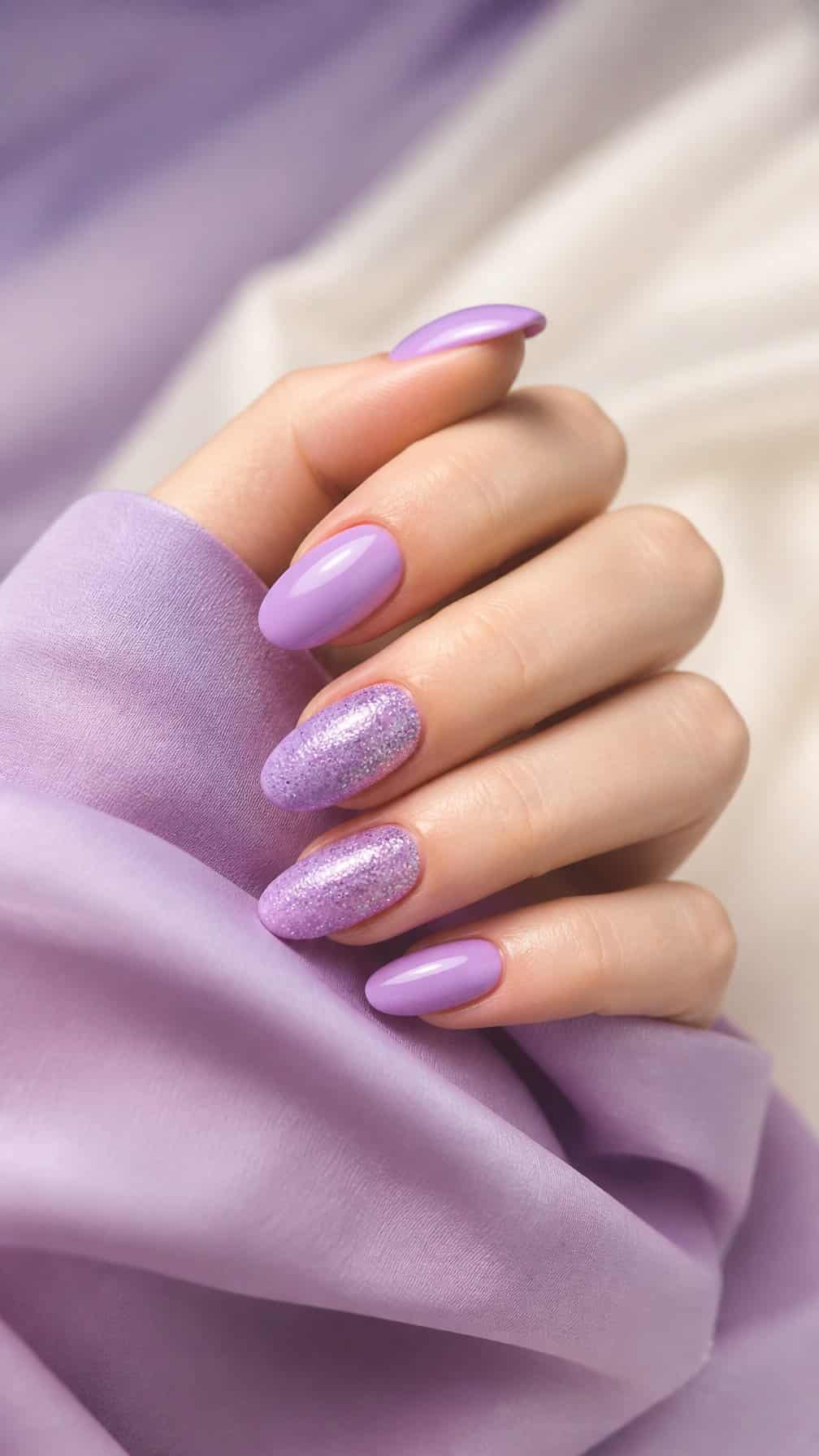 A close-up of a hand with a lilac manicure and glitter accent nails.