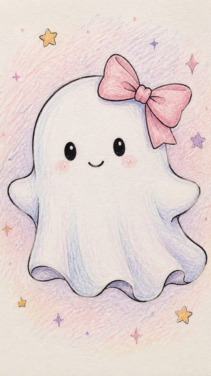 A hand-drawn artwork of little ghost with a bow.