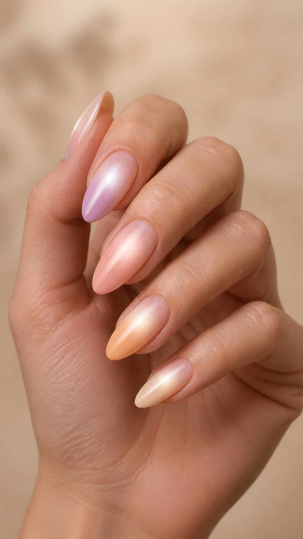 A hand displays long almond-shaped nails with softly glowing pastel gradient polish.