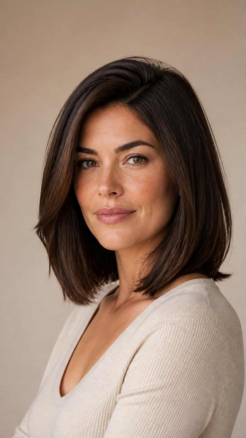 Woman with a smooth long bob haircut posing against a neutral background.