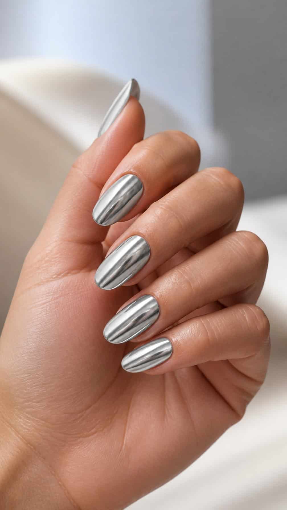 A hand with long reflective silver nails rests against a softly blurred neutral background.