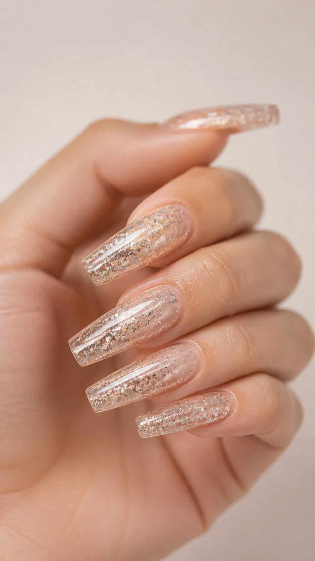 A hand with long coffin-shaped nails featuring glitter sealed beneath a glossy finish.