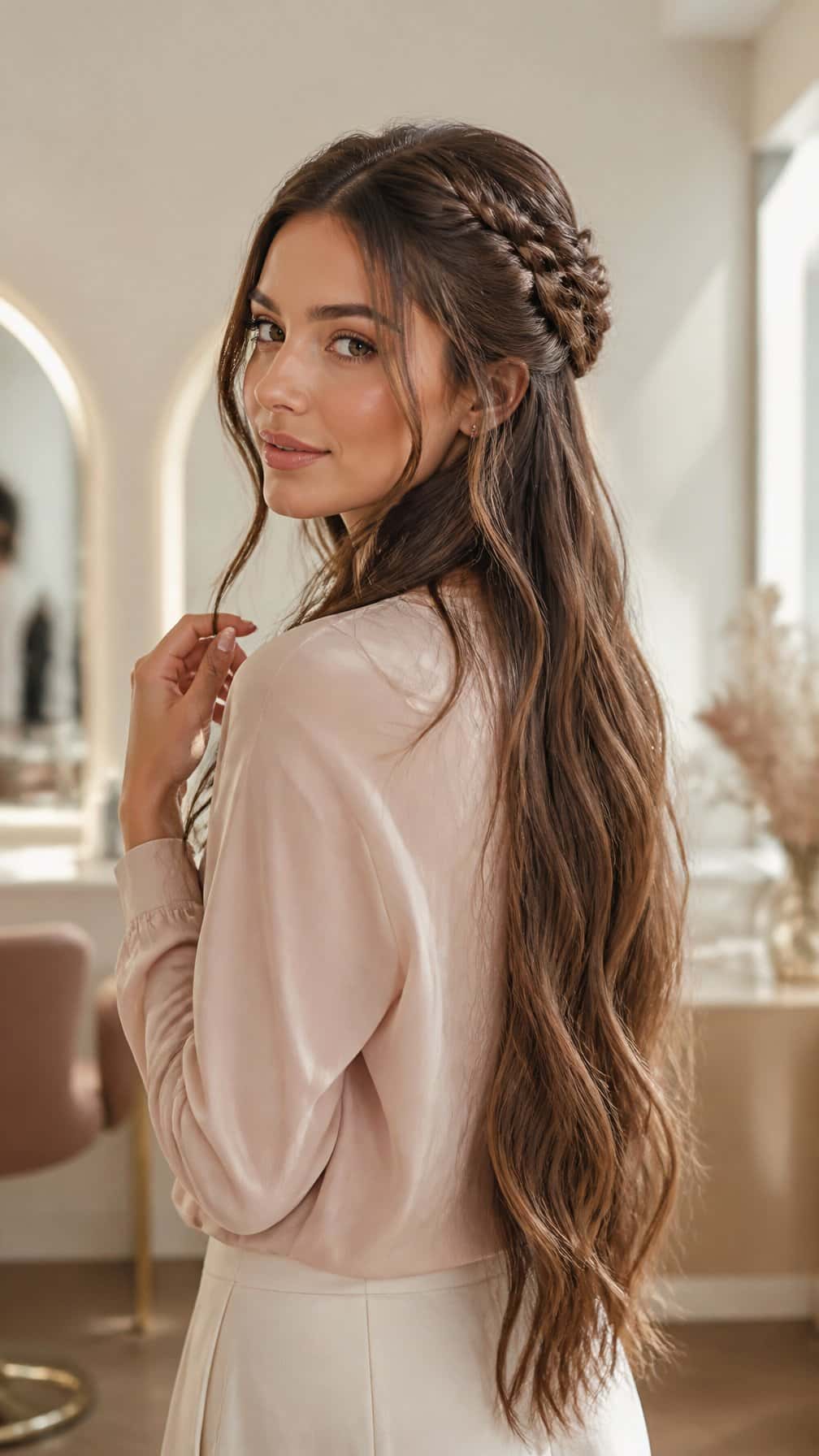 Woman with very long styled hair in a bright modern salon.
