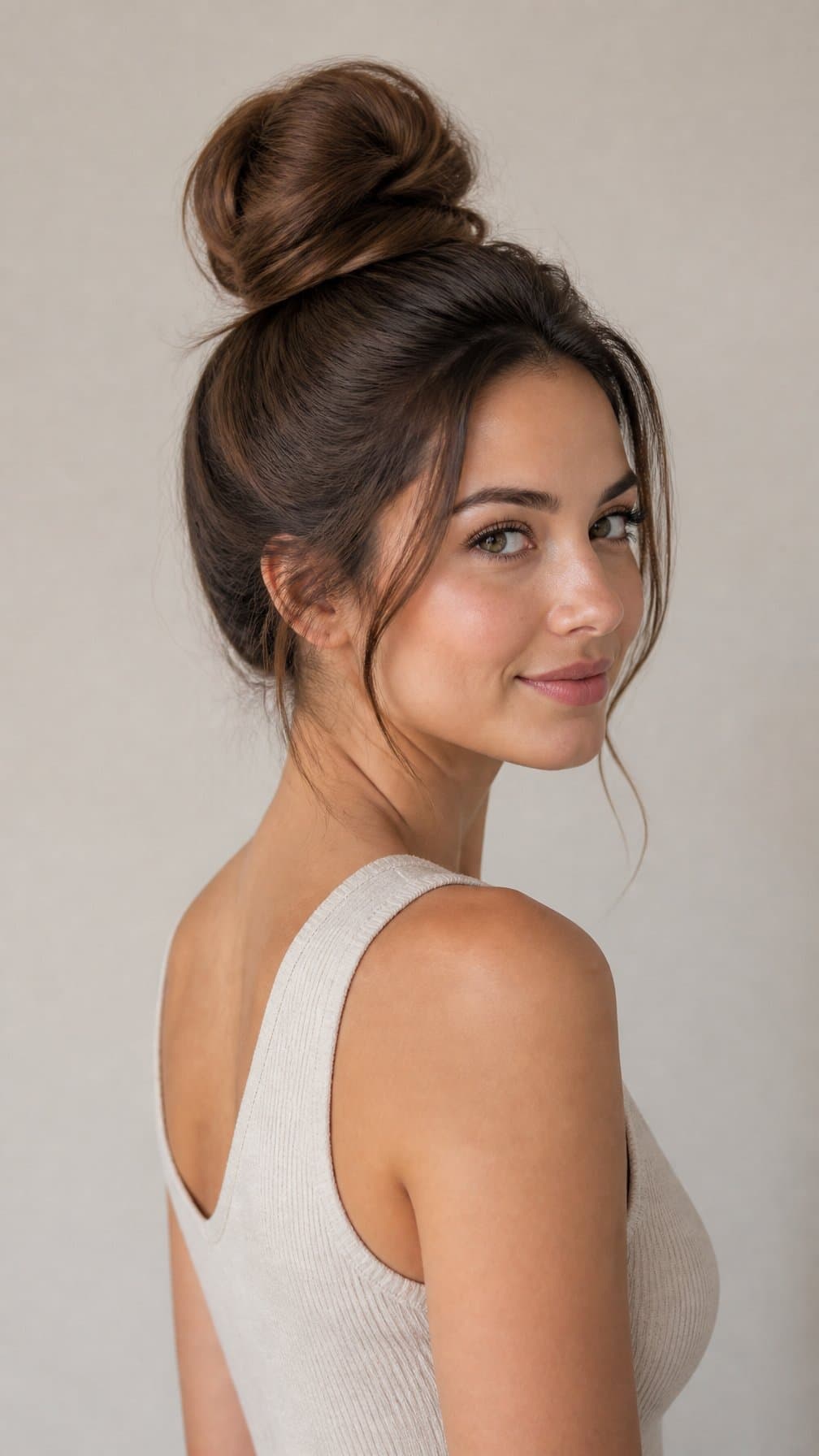 Woman with long hair styled in a top knot bun.